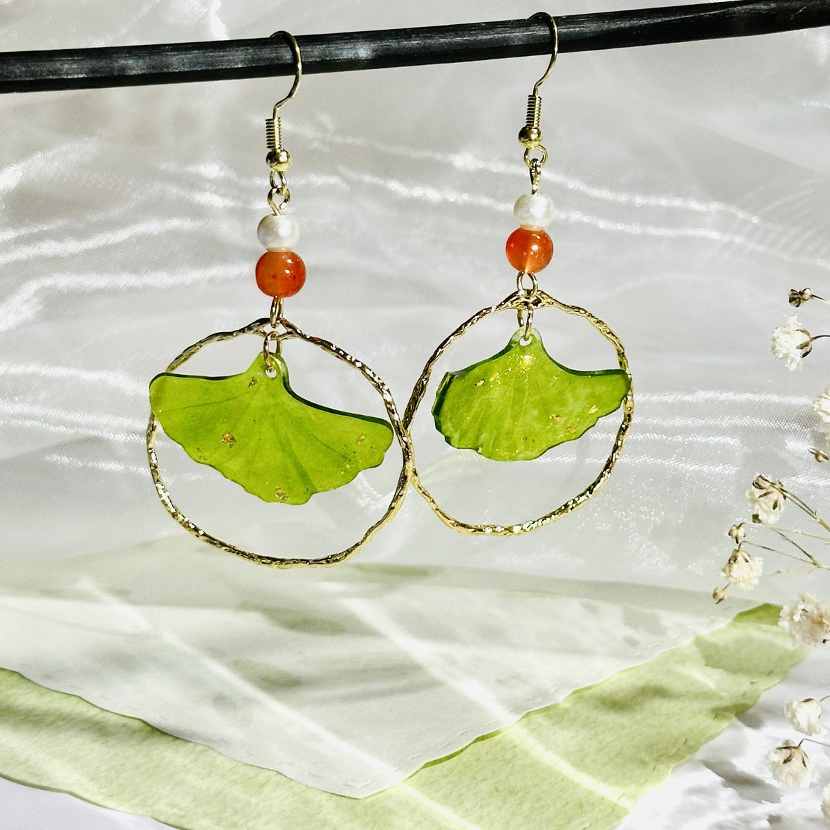 Green ginkgo leaves Shrinky Earrings