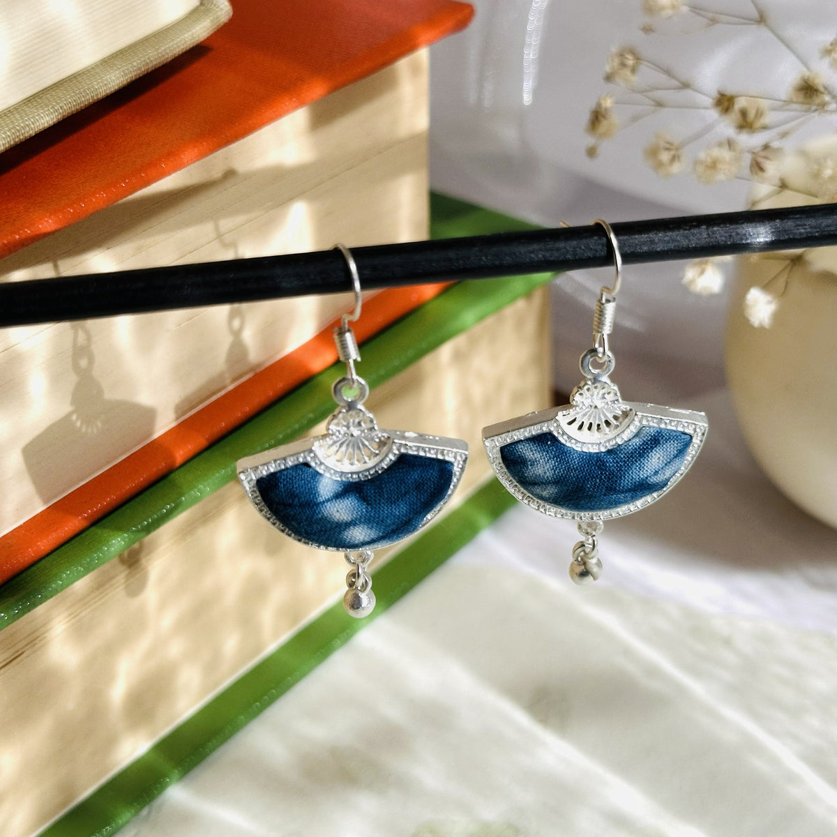 Indigo Shibori Fan Earrings