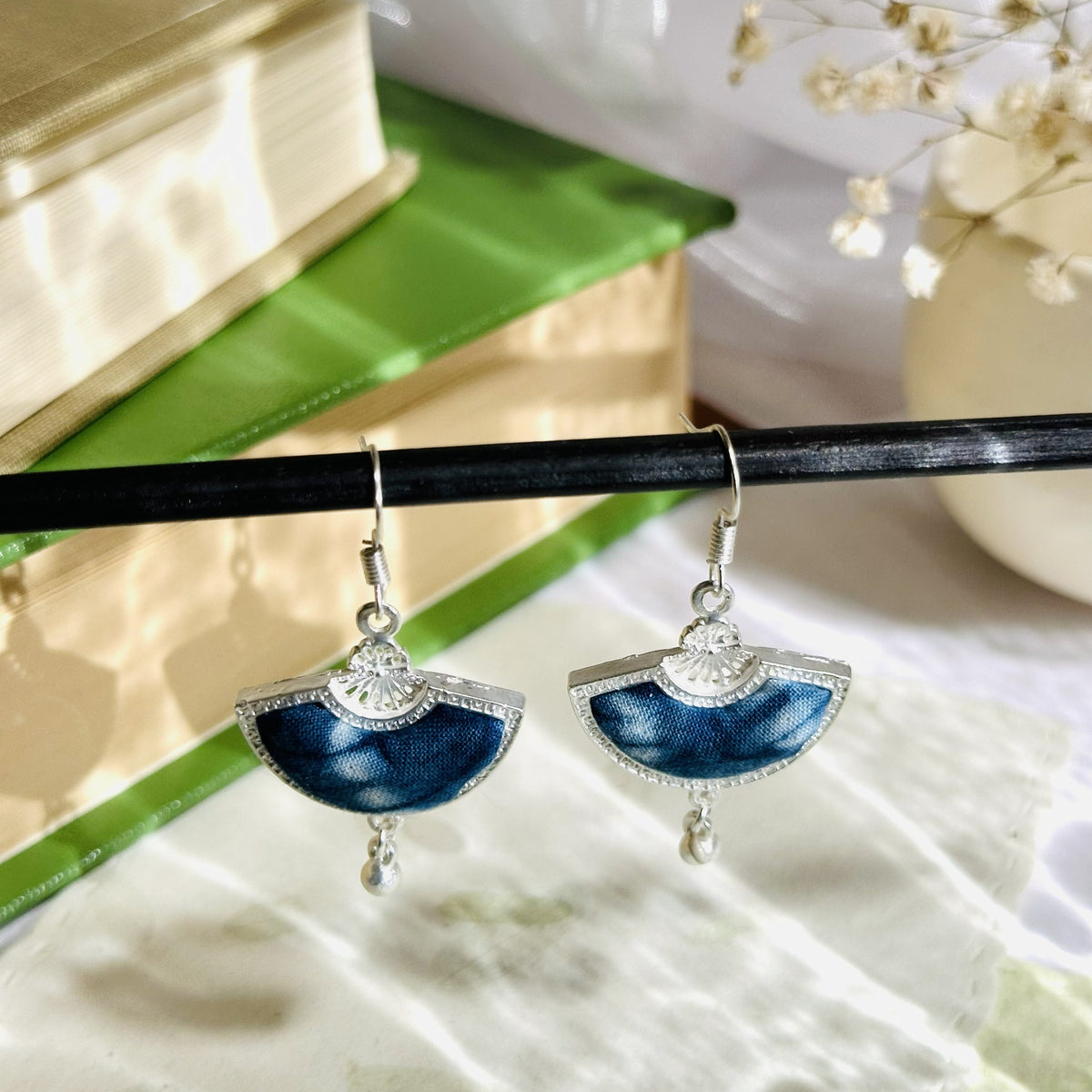 Indigo Shibori Fan Earrings